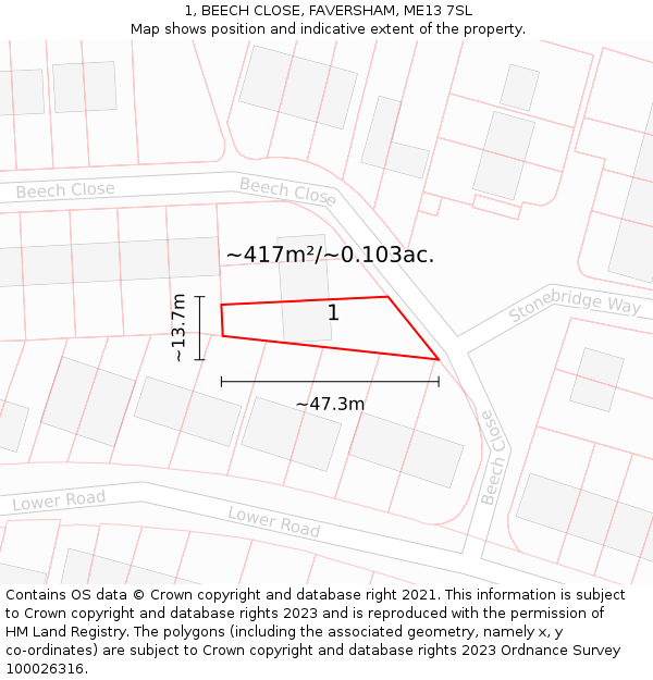 1, BEECH CLOSE, FAVERSHAM, ME13 7SL: Plot and title map