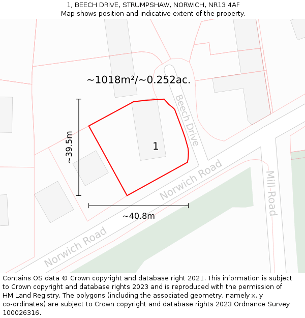 1, BEECH DRIVE, STRUMPSHAW, NORWICH, NR13 4AF: Plot and title map