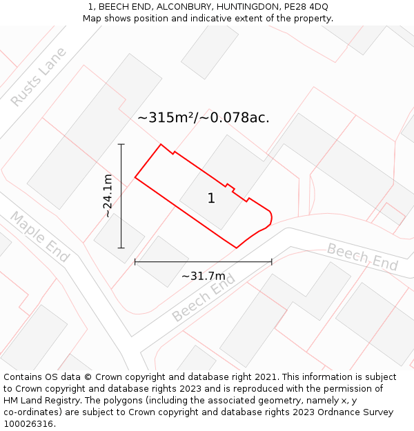 1, BEECH END, ALCONBURY, HUNTINGDON, PE28 4DQ: Plot and title map