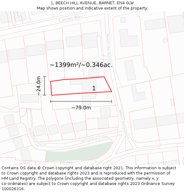 1, BEECH HILL AVENUE, BARNET, EN4 0LW: Plot and title map