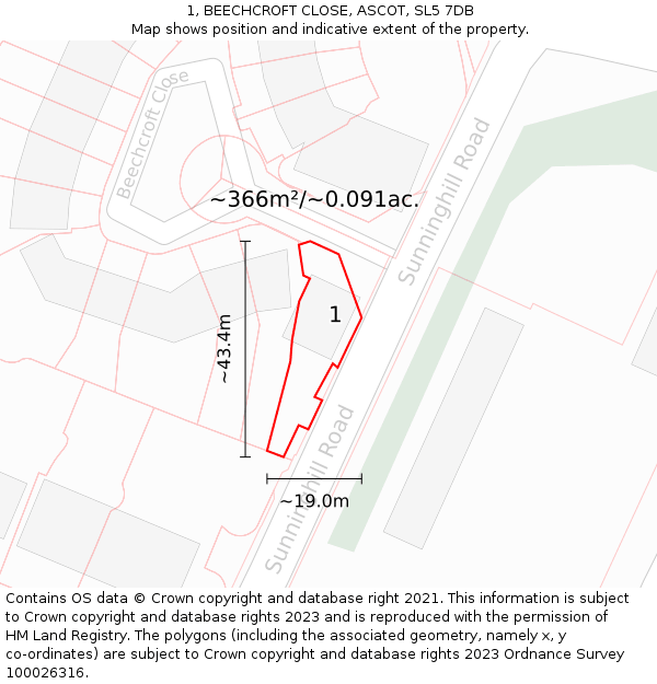 1, BEECHCROFT CLOSE, ASCOT, SL5 7DB: Plot and title map