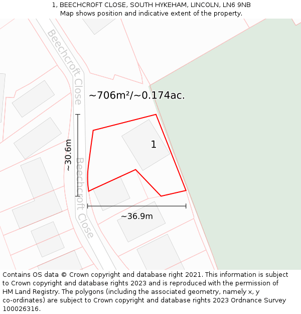 1, BEECHCROFT CLOSE, SOUTH HYKEHAM, LINCOLN, LN6 9NB: Plot and title map