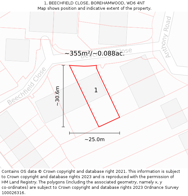 1, BEECHFIELD CLOSE, BOREHAMWOOD, WD6 4NT: Plot and title map