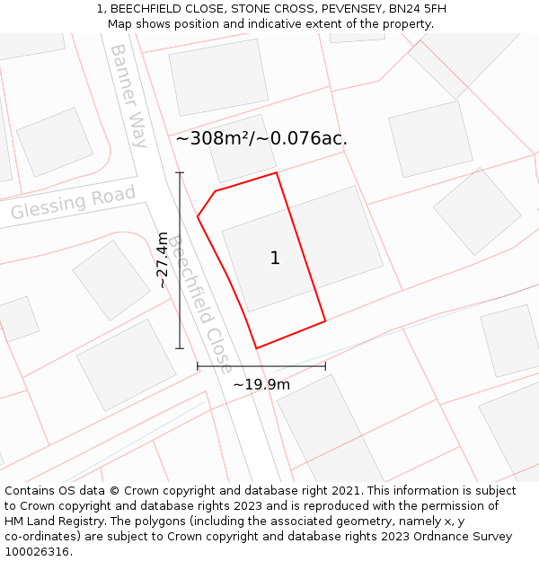 1, BEECHFIELD CLOSE, STONE CROSS, PEVENSEY, BN24 5FH: Plot and title map