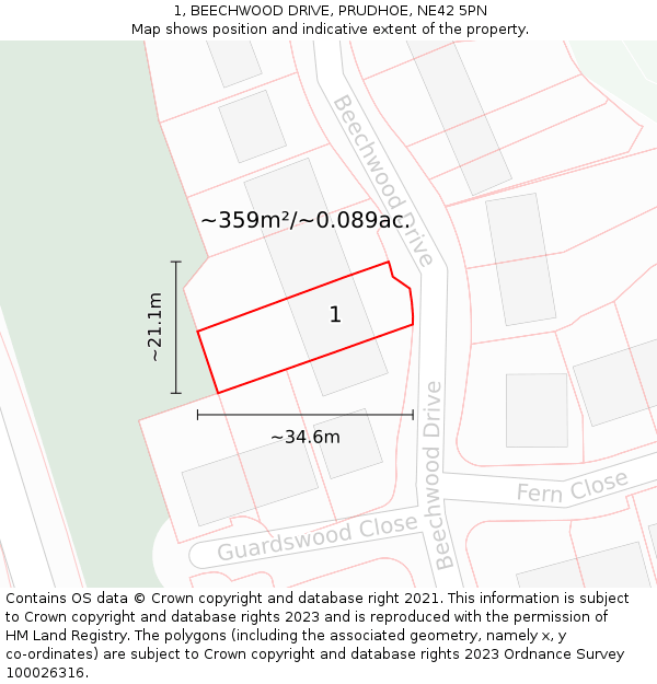 1, BEECHWOOD DRIVE, PRUDHOE, NE42 5PN: Plot and title map