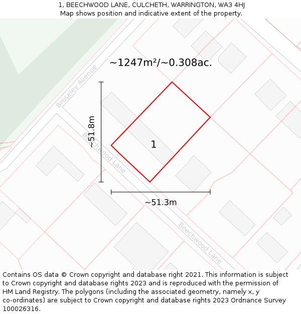 1, BEECHWOOD LANE, CULCHETH, WARRINGTON, WA3 4HJ: Plot and title map