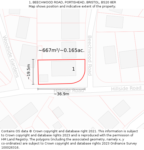 1, BEECHWOOD ROAD, PORTISHEAD, BRISTOL, BS20 8ER: Plot and title map