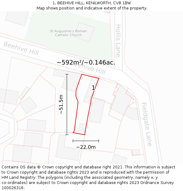 1, BEEHIVE HILL, KENILWORTH, CV8 1BW: Plot and title map