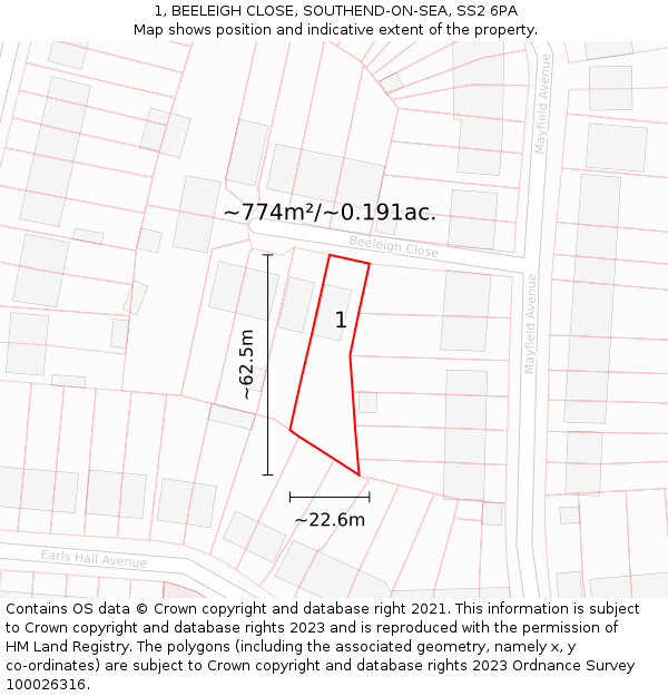 1, BEELEIGH CLOSE, SOUTHEND-ON-SEA, SS2 6PA: Plot and title map