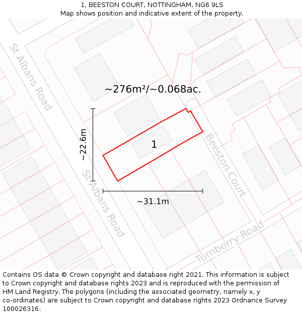 1, BEESTON COURT, NOTTINGHAM, NG6 9LS: Plot and title map