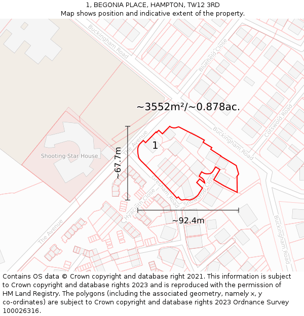 1, BEGONIA PLACE, HAMPTON, TW12 3RD: Plot and title map