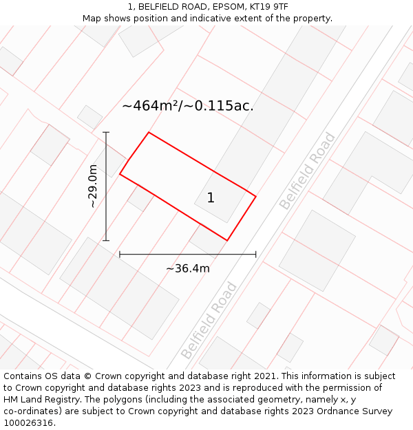 1, BELFIELD ROAD, EPSOM, KT19 9TF: Plot and title map