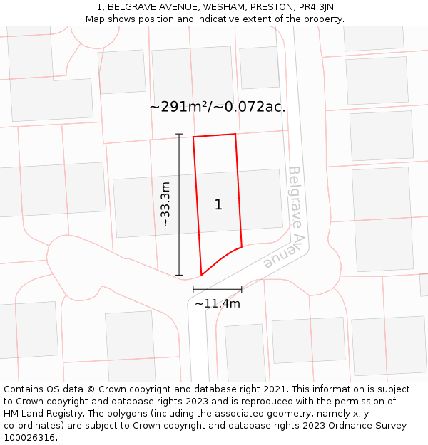 1, BELGRAVE AVENUE, WESHAM, PRESTON, PR4 3JN: Plot and title map