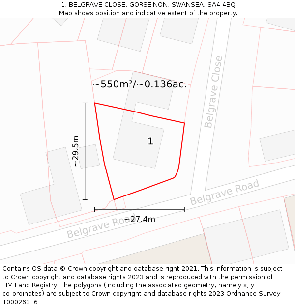 1, BELGRAVE CLOSE, GORSEINON, SWANSEA, SA4 4BQ: Plot and title map