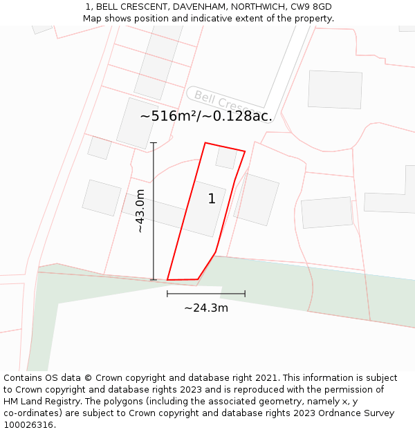 1, BELL CRESCENT, DAVENHAM, NORTHWICH, CW9 8GD: Plot and title map