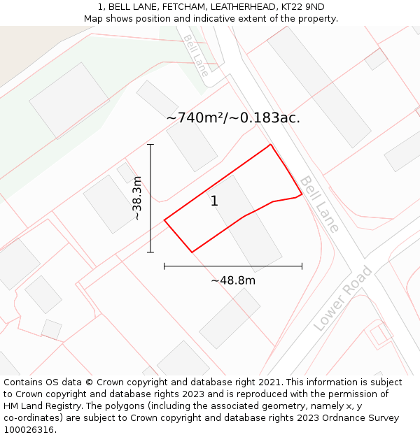 1, BELL LANE, FETCHAM, LEATHERHEAD, KT22 9ND: Plot and title map