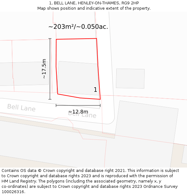 1, BELL LANE, HENLEY-ON-THAMES, RG9 2HP: Plot and title map