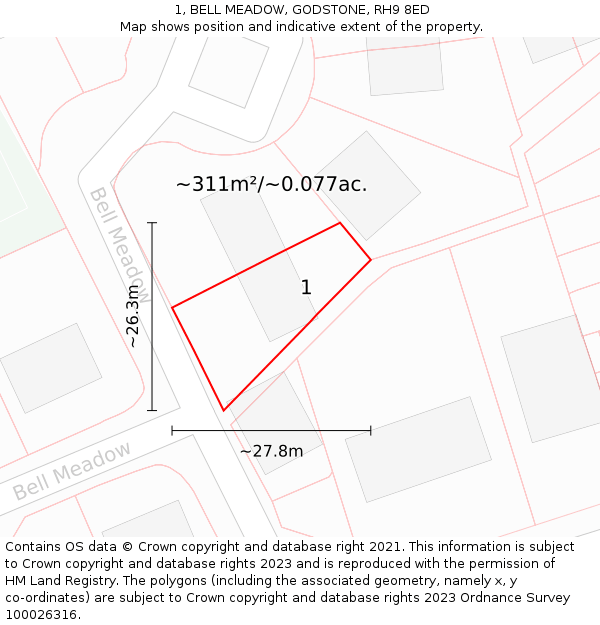 1, BELL MEADOW, GODSTONE, RH9 8ED: Plot and title map