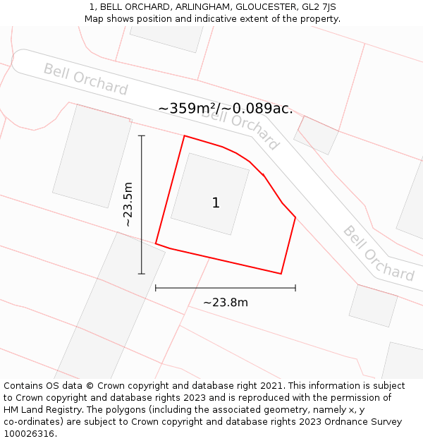 1, BELL ORCHARD, ARLINGHAM, GLOUCESTER, GL2 7JS: Plot and title map