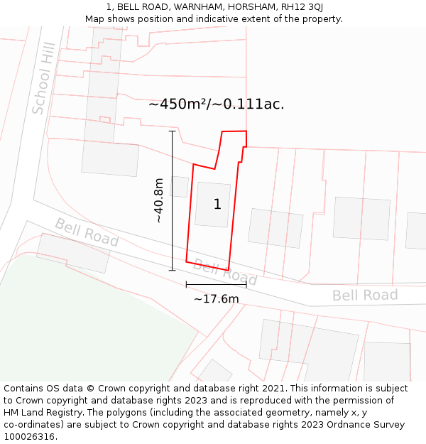 1, BELL ROAD, WARNHAM, HORSHAM, RH12 3QJ: Plot and title map
