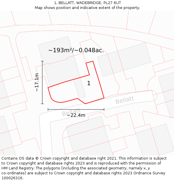 1, BELLATT, WADEBRIDGE, PL27 6UT: Plot and title map