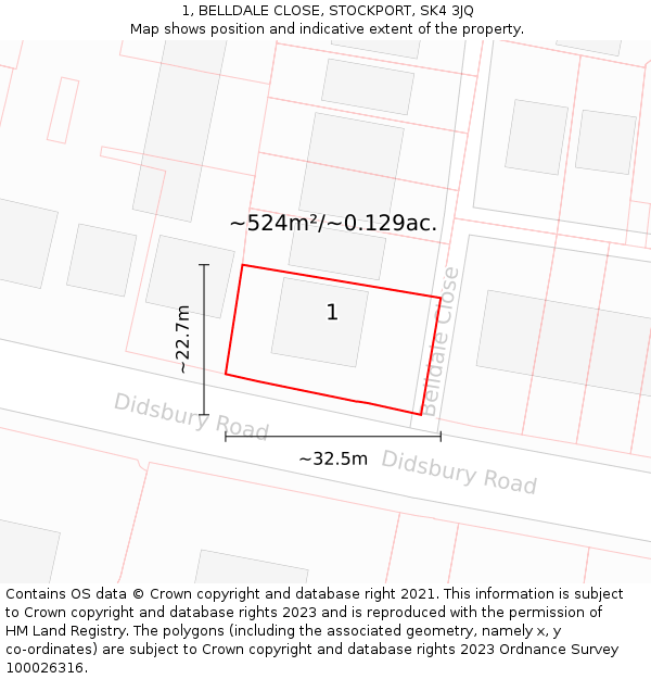1, BELLDALE CLOSE, STOCKPORT, SK4 3JQ: Plot and title map