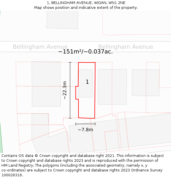 1, BELLINGHAM AVENUE, WIGAN, WN1 2NE: Plot and title map