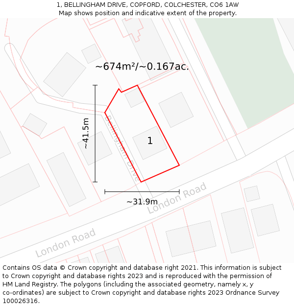 1, BELLINGHAM DRIVE, COPFORD, COLCHESTER, CO6 1AW: Plot and title map