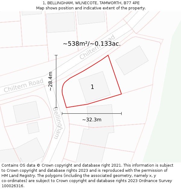 1, BELLINGHAM, WILNECOTE, TAMWORTH, B77 4PE: Plot and title map