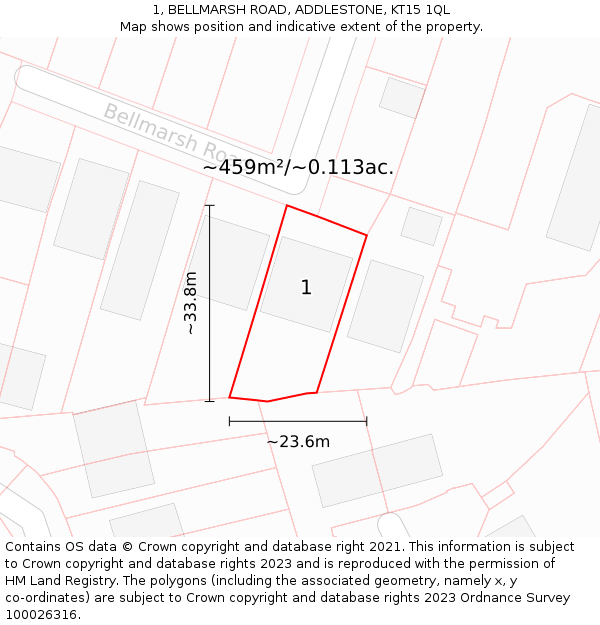 1, BELLMARSH ROAD, ADDLESTONE, KT15 1QL: Plot and title map