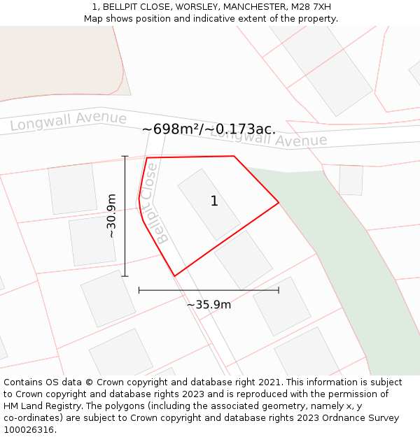 1, BELLPIT CLOSE, WORSLEY, MANCHESTER, M28 7XH: Plot and title map