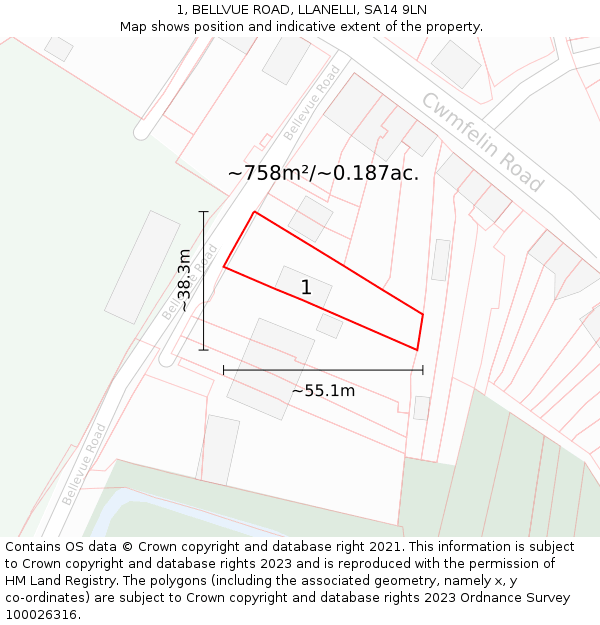 1, BELLVUE ROAD, LLANELLI, SA14 9LN: Plot and title map