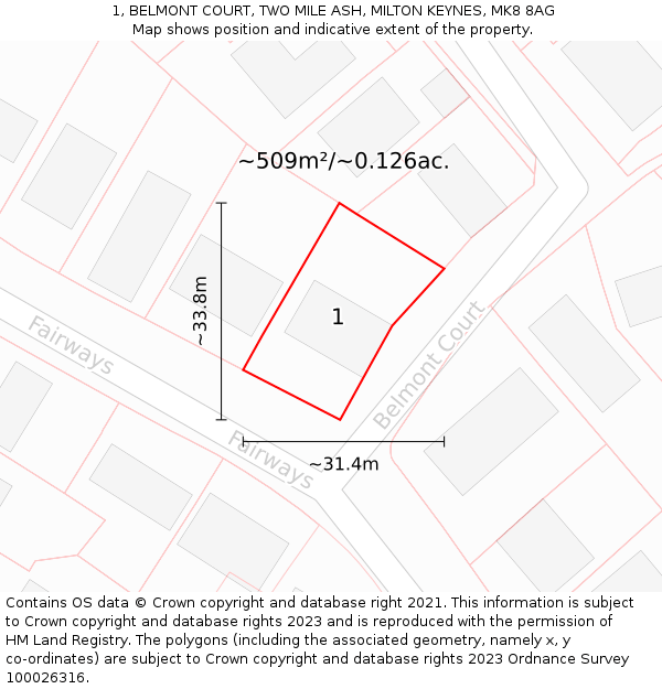 1, BELMONT COURT, TWO MILE ASH, MILTON KEYNES, MK8 8AG: Plot and title map