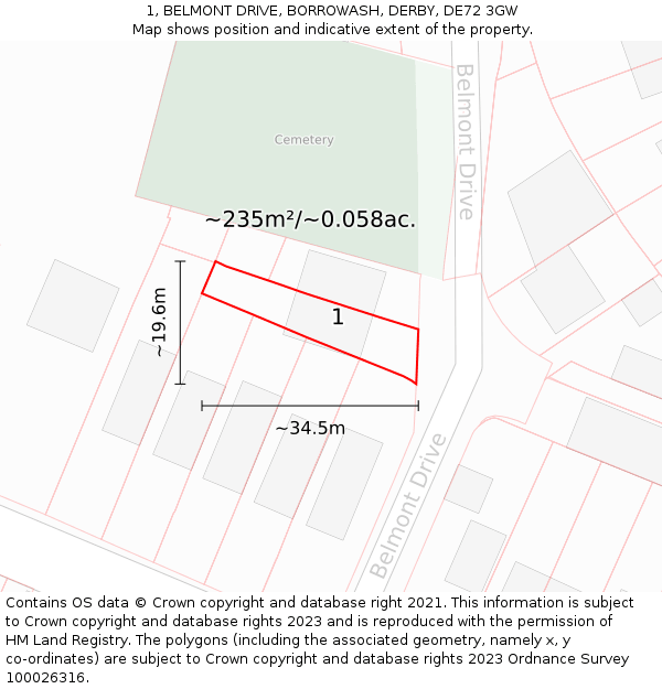 1, BELMONT DRIVE, BORROWASH, DERBY, DE72 3GW: Plot and title map