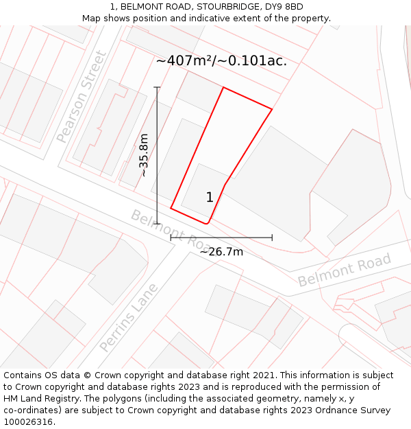 1, BELMONT ROAD, STOURBRIDGE, DY9 8BD: Plot and title map