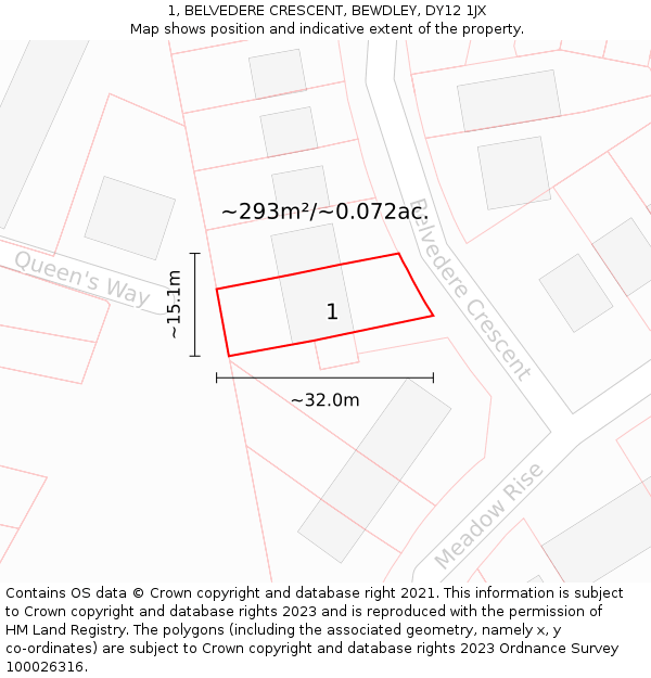 1, BELVEDERE CRESCENT, BEWDLEY, DY12 1JX: Plot and title map