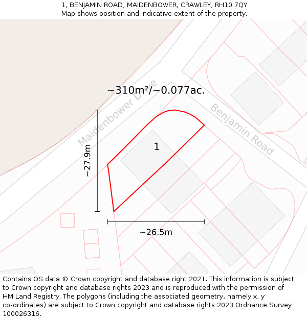 1, BENJAMIN ROAD, MAIDENBOWER, CRAWLEY, RH10 7QY: Plot and title map