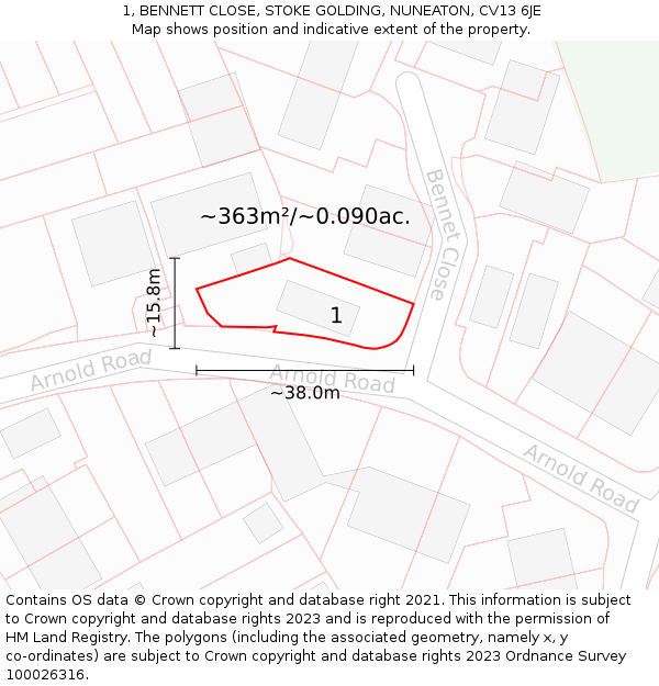 1, BENNETT CLOSE, STOKE GOLDING, NUNEATON, CV13 6JE: Plot and title map