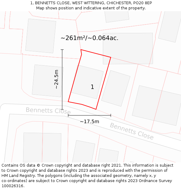 1, BENNETTS CLOSE, WEST WITTERING, CHICHESTER, PO20 8EP: Plot and title map