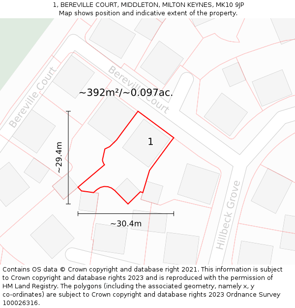 1, BEREVILLE COURT, MIDDLETON, MILTON KEYNES, MK10 9JP: Plot and title map