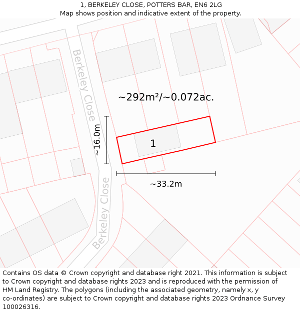 1, BERKELEY CLOSE, POTTERS BAR, EN6 2LG: Plot and title map