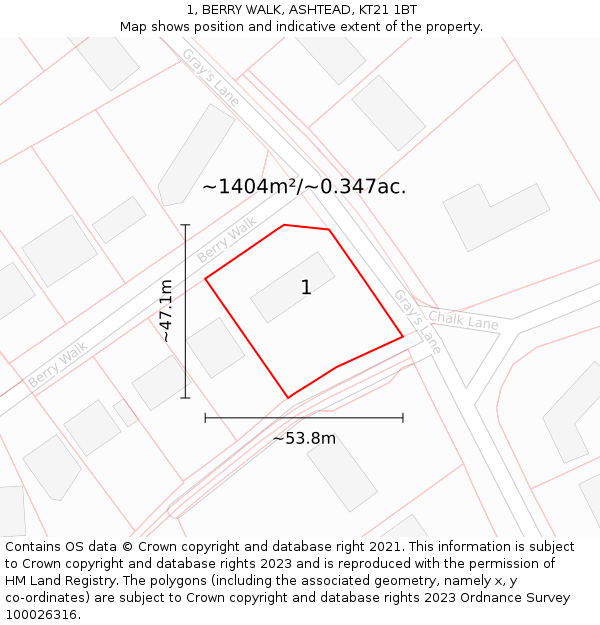 1, BERRY WALK, ASHTEAD, KT21 1BT: Plot and title map