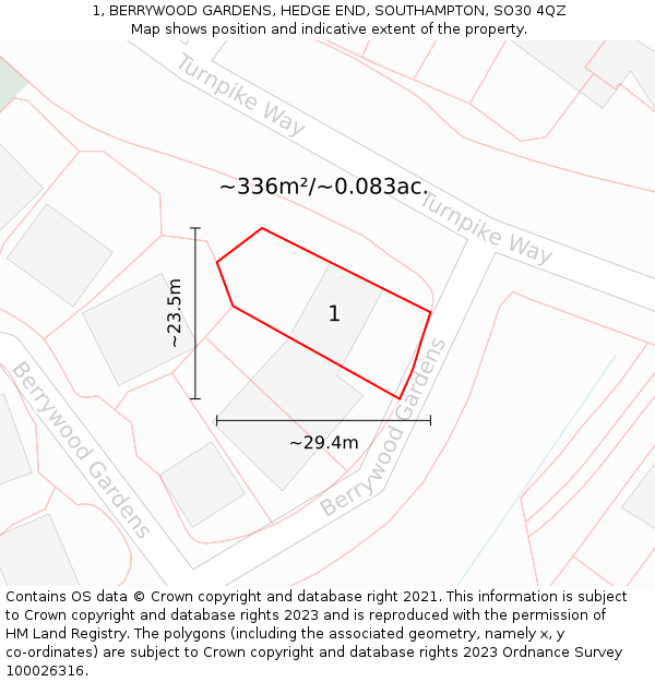 1, BERRYWOOD GARDENS, HEDGE END, SOUTHAMPTON, SO30 4QZ: Plot and title map