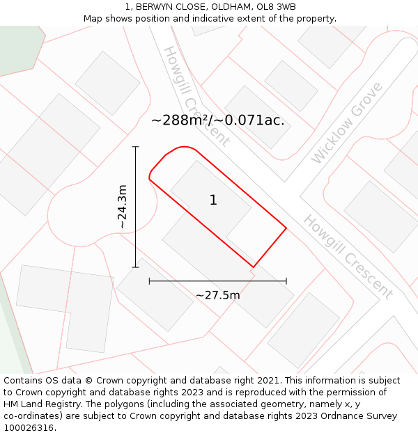 1, BERWYN CLOSE, OLDHAM, OL8 3WB: Plot and title map