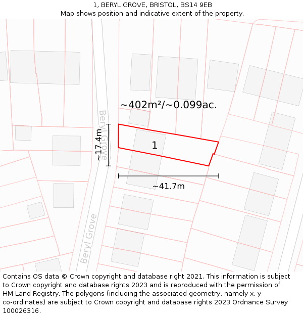 1, BERYL GROVE, BRISTOL, BS14 9EB: Plot and title map