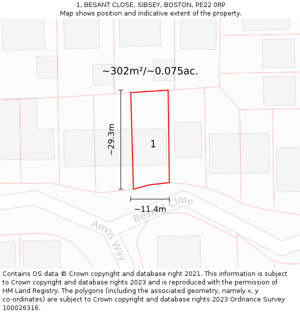 1, BESANT CLOSE, SIBSEY, BOSTON, PE22 0RP: Plot and title map