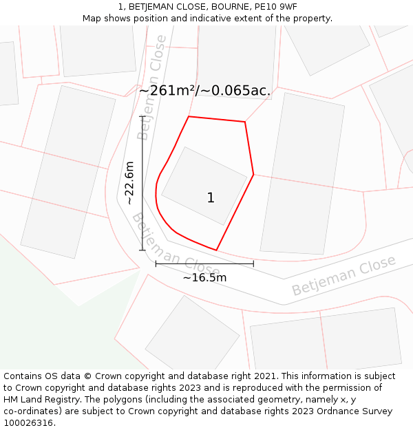 1, BETJEMAN CLOSE, BOURNE, PE10 9WF: Plot and title map