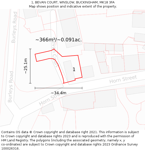 1, BEVAN COURT, WINSLOW, BUCKINGHAM, MK18 3FA: Plot and title map