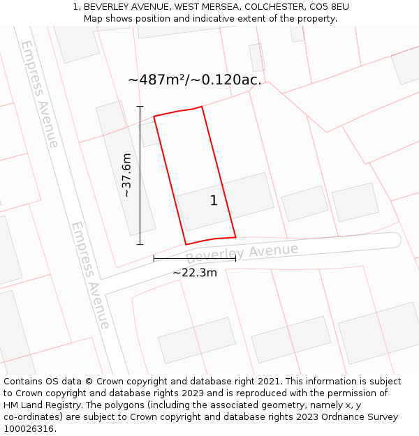 1, BEVERLEY AVENUE, WEST MERSEA, COLCHESTER, CO5 8EU: Plot and title map