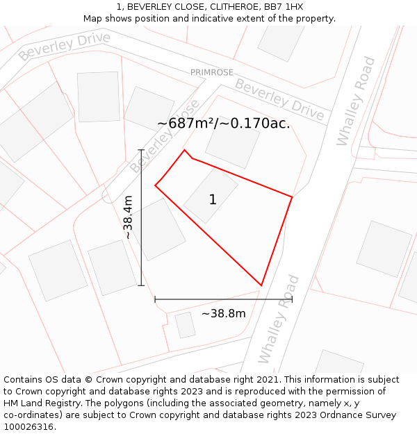 1, BEVERLEY CLOSE, CLITHEROE, BB7 1HX: Plot and title map